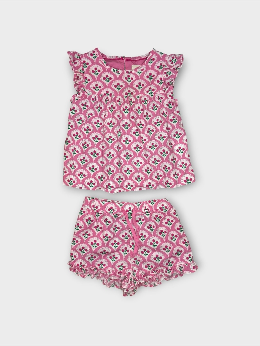 Mini Boden Pink Roses Woodblock Floral Top & Shorts Matching Set